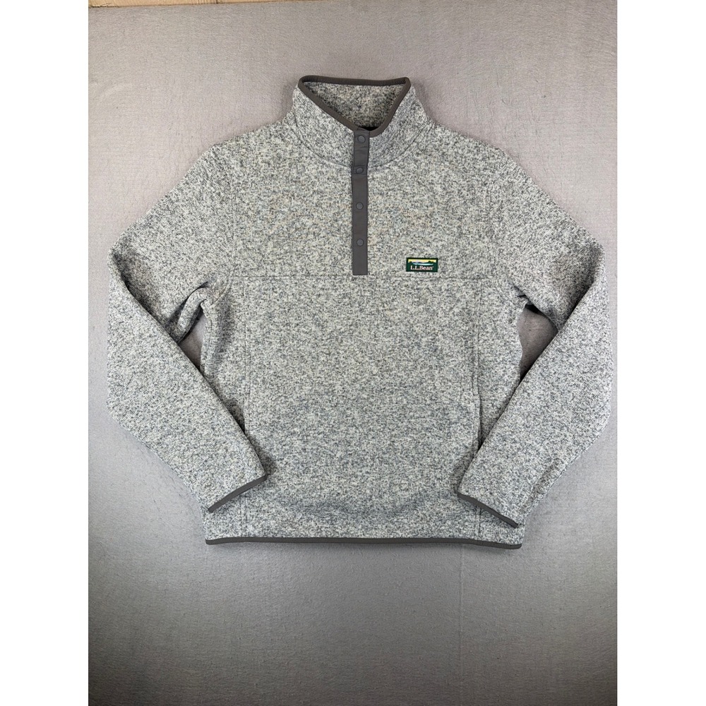 LL Bean Mens Sweater Fleece Pullover Gray Heather Snap Neck M Reg 298050
